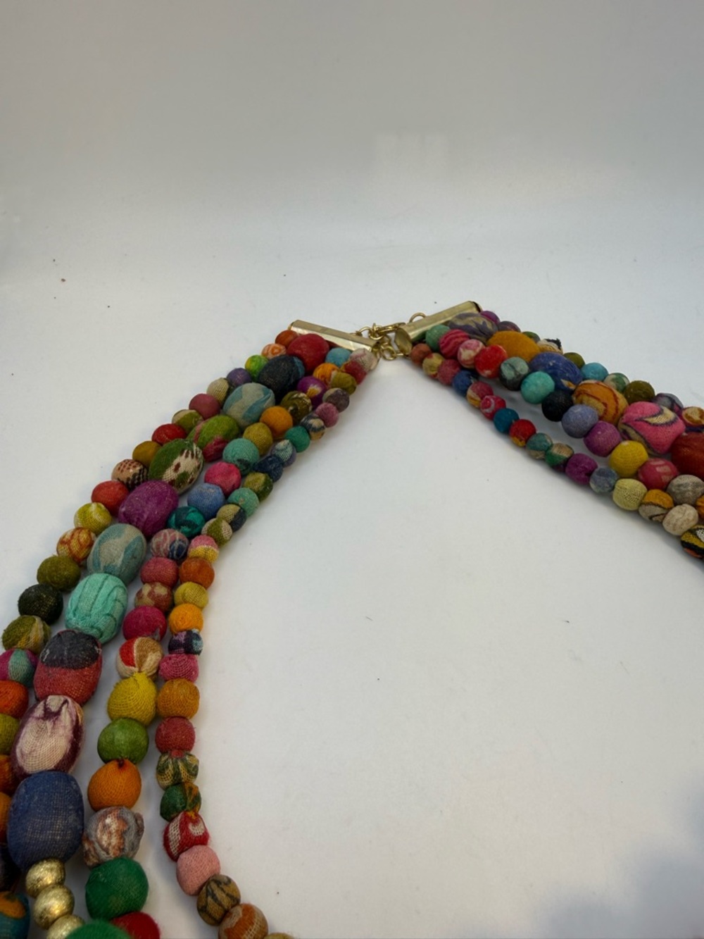 Kantha Style Fabric Bead Necklace Multicolor Boho Statement 20” - Picture 2 of 2